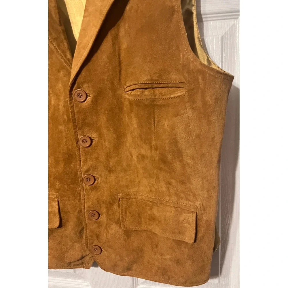 Vintage Leather Mens 2XL Tan Suede Vest Gold Satin Back Western Waistcoat Pocket